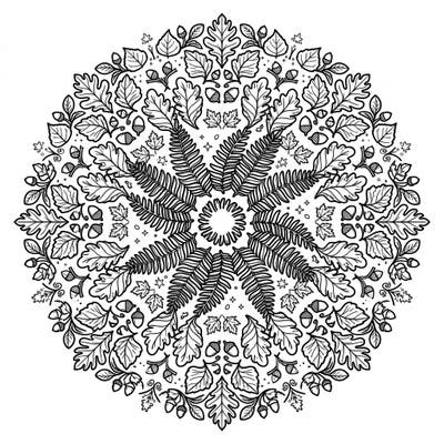 Embrace the cozy spirit of autumn with this stunning fern mandala coloring page. Its intricate patterns of fronds, oak leaves, and acorns invite you to relax and create a vibrant seasonal masterpiece.