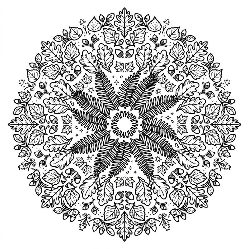 Embrace the cozy spirit of autumn with this stunning fern mandala coloring page. Its intricate patterns of fronds, oak leaves, and acorns invite you to relax and create a vibrant seasonal masterpiece.