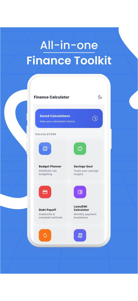 Budget and Financial Planner - Budget and Financial Planner app screen showing a toolkit of finance calculators for budgeting and savings goals