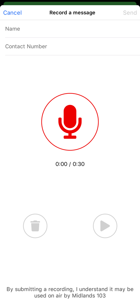 Midlands 103 - Interface for recording a voice message in the Midlands 103 app