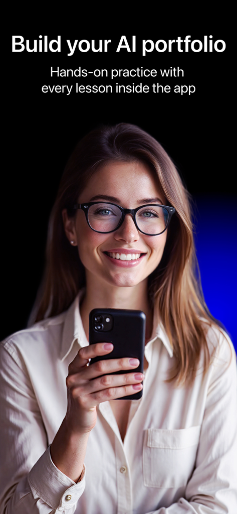 A smiling woman holding a smartphone with text overlay about building an AI portfolio using Jobescape