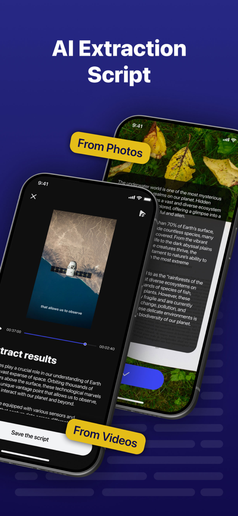 Teleprompter - Captions - 写真や動画からのAIスクリプト抽出を示すテレプロンプターアプリのインターフェース。