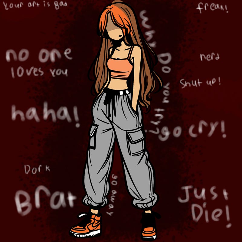 girl in baggy pants crop top and long hair