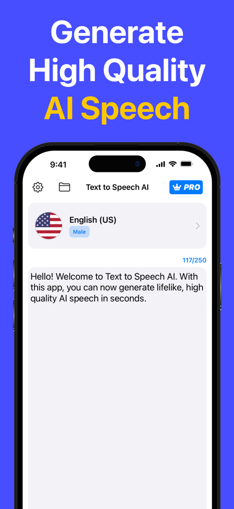 高品質なボイスオーバー作成のために、テキストボックスと米国英語のボイス選択を表示するText to Speech AIアプリのインターフェース