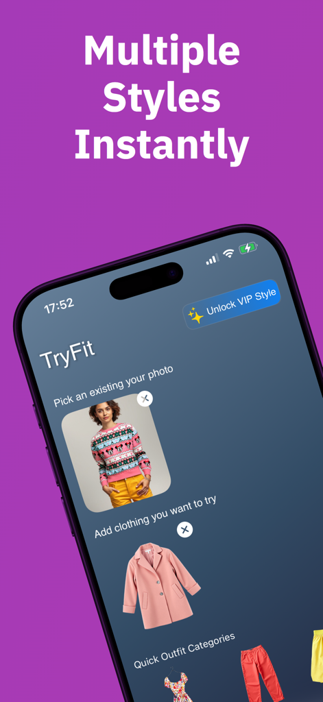 The TryFit app interface showing how to select a personal photo and clothing items for an AI virtual fashion preview.