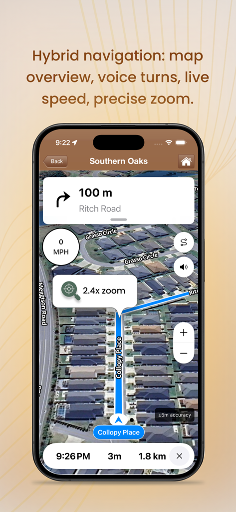 Satellite navigation view of the Villages GPS app showing turn-by-turn directions and speed tracking over a residential neighborhood.