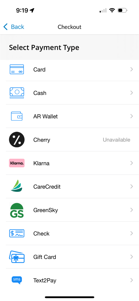 Aesthetic Record EMR - Aesthetic Record EMR checkout screen displaying various payment types including credit card cash and financing options like Klarna and CareCredit