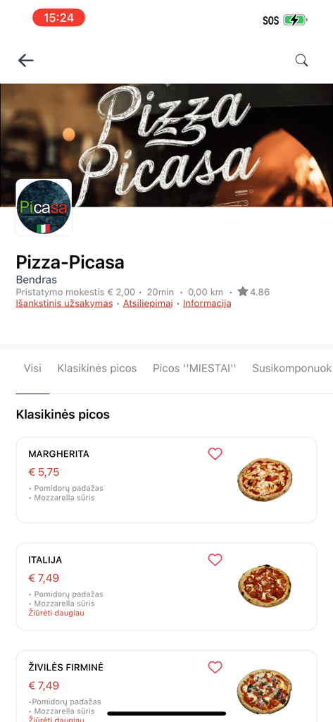 Captura de pantalla de la aplicación NORI Delivery que muestra el menú de una pizzería local con varias opciones de pizza y precios.