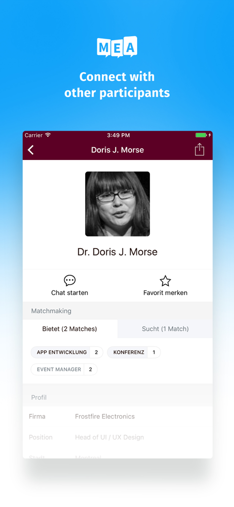 Interfaz de la aplicación móvil de eventos que muestra un perfil de participante profesional con funciones de networking y emparejamiento.