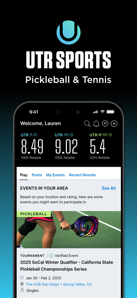 Interfaccia dell'app mobile UTR Sports che mostra rating di tennis e pickleball ed elenchi di eventi di tornei locali