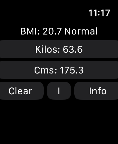 WatchBMI app interface on Apple Watch displaying metric BMI calculation result