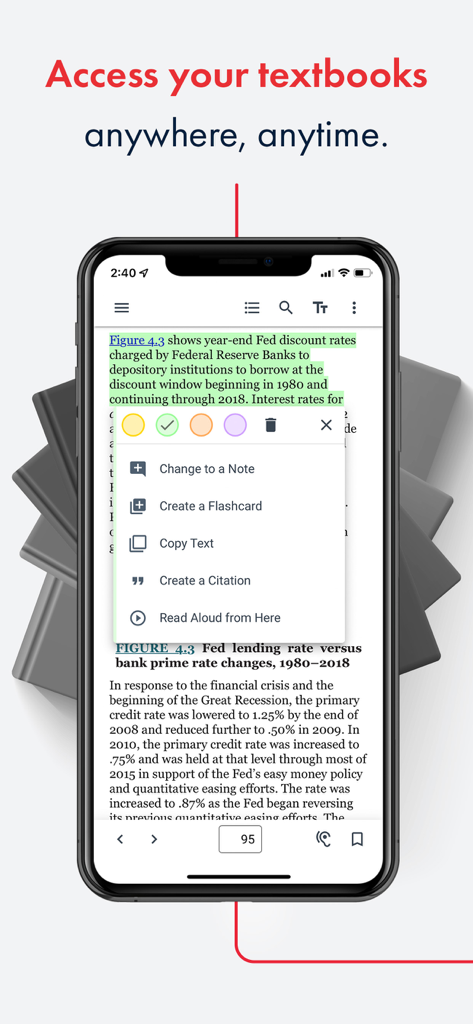 RedShelf - RedShelf mobile app on a smartphone showing digital textbook reading tools including flashcards and text to speech