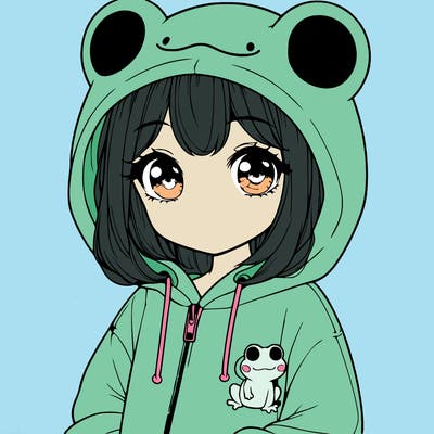 cute realistic girl in a froggy hoodie