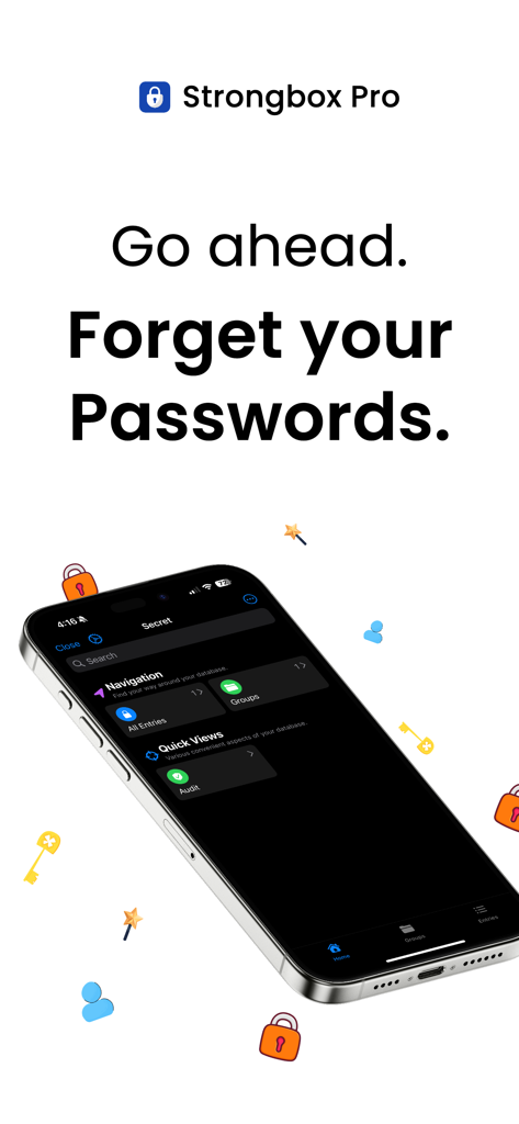 Strongbox - Password Manager - Interface de l'application de gestionnaire de mots de passe Strongbox Pro sur un iPhone avec le texte Oubliez vos mots de passe