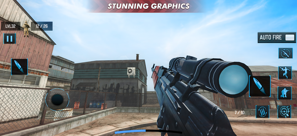 FPS Shooting Strike Game - First person view of a commando holding a scoped rifle in an industrial warzone in FPS Shooting Strike Game