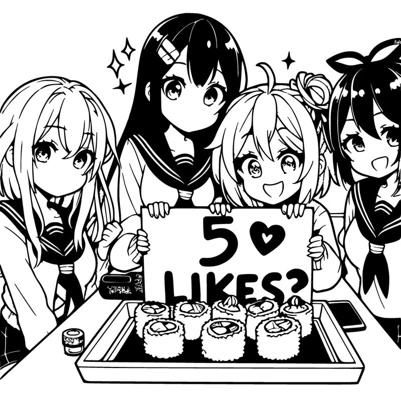 anime group of girls by sushi sign saying 5 likes?