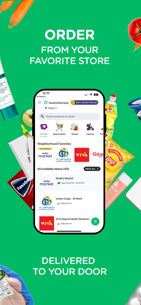 elGrocer mobile app interface showing various supermarket options and household items for delivery in the UAE