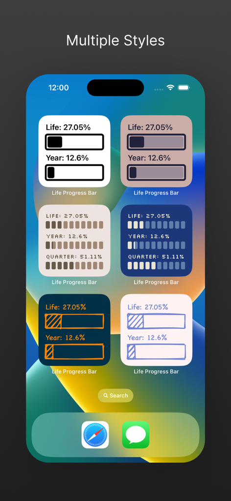 An iPhone home screen showcasing six different aesthetic styles of life and year progress bar widgets.