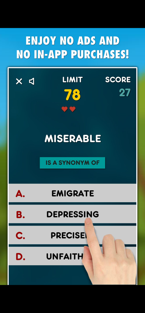 A screenshot of the Synonyms PRO app interface showing a multiple choice vocabulary question for the word miserable.
