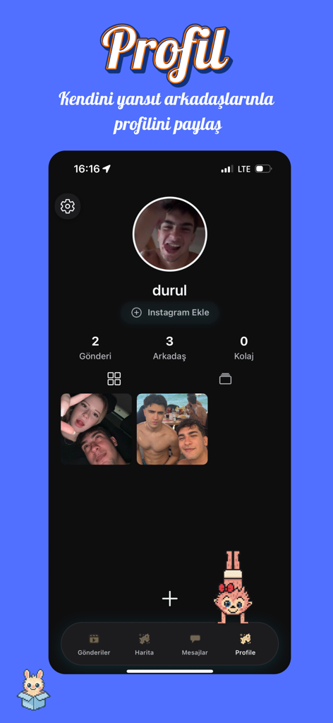 User profile screen of the SpotBox app showing personal photos and social stats.