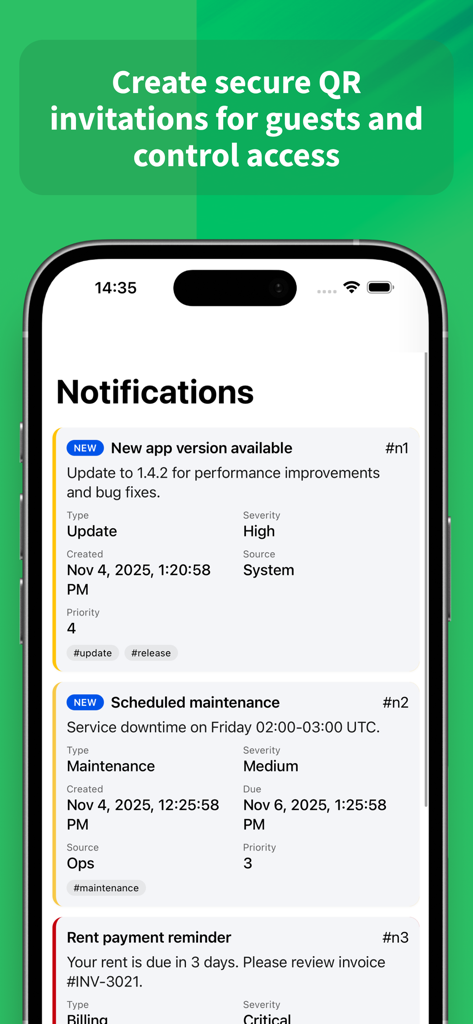 Sapphire Management App - 유지보수 및 청구에 대한 실시간 건물 알림을 표시하는 Sapphire 관리 앱 인터페이스