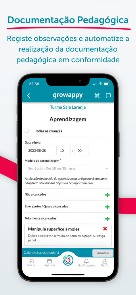 Growappy - Interfaz de la aplicación móvil Growappy que muestra una herramienta de documentación pedagógica para seguir los hitos de aprendizaje y las observaciones en el aula del niño.