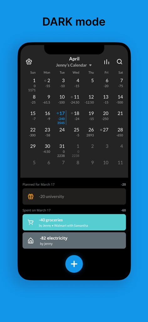 Dollarbird - Budget Calendar - Dollarbird budget calendar app interface in dark mode showing monthly expenses and daily transactions.
