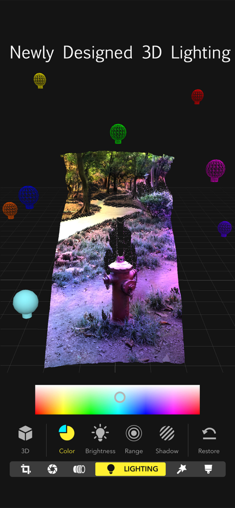 interface da app focos mostrando a funcionalidade de iluminação 3d com fontes de luz coloridas sobre uma foto de um parque com mapeamento de profundidade