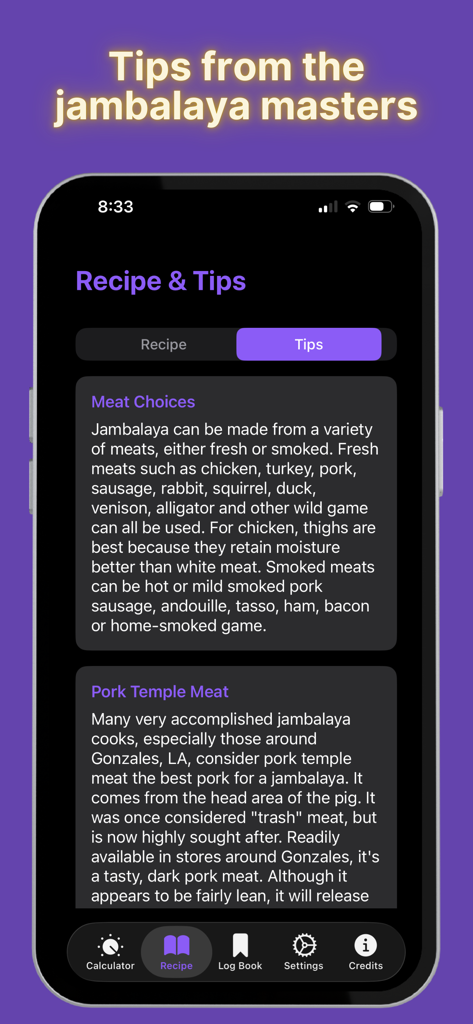 Jambalaya Calculator - Mobile app screen showing expert cooking tips and meat selection advice for authentic jambalaya.