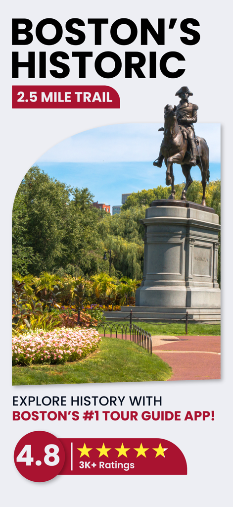 Freedom Trail Boston Guide - Promotional screen for Freedom Trail Boston Guide app featuring George Washington statue and 4.8 star rating