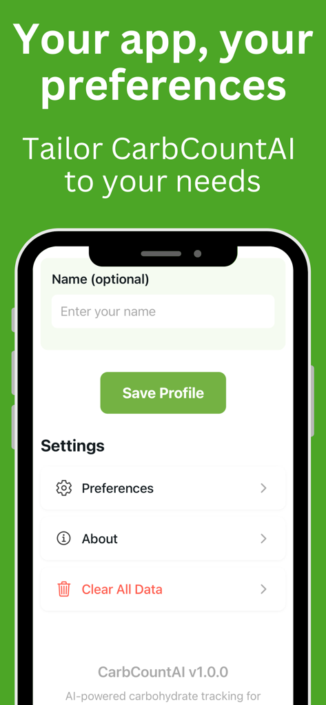 CarbCountAI - CarbCountAI app settings screen for profile and preferences