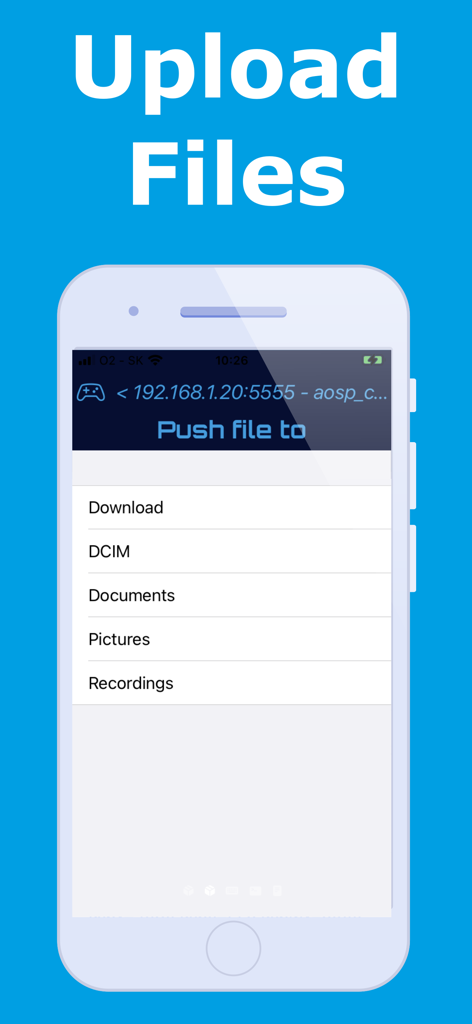 Bugjaeger - Mobile ADB - iPhone screen showing Bugjaeger app interface for uploading files to an Android device wirelessly via ADB
