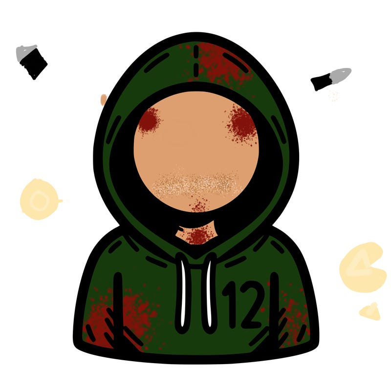 a person with non face waering a hoodie with a small 132 symbol