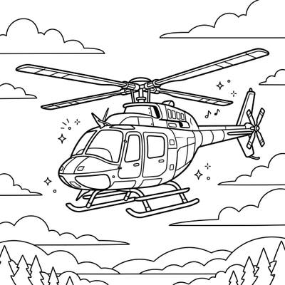 Ignite your imagination with this exciting helicopter coloring page, featuring a detailed aircraft soaring through the clouds. Get ready to add vibrant colors to its powerful rotors and the scenic landscape below.