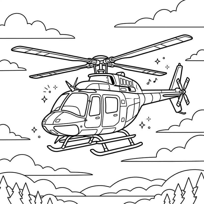 Ignite your imagination with this exciting helicopter coloring page, featuring a detailed aircraft soaring through the clouds. Get ready to add vibrant colors to its powerful rotors and the scenic landscape below.