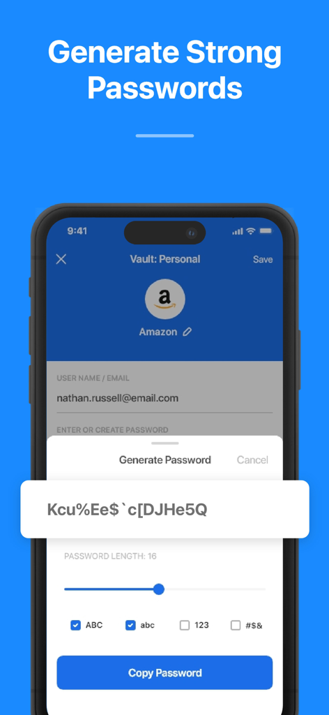 Password Manager ® - Eine mobile App-Oberfläche, die die Generierung eines komplexen, sicheren Passworts mit anpassbaren Einstellungen zeigt.