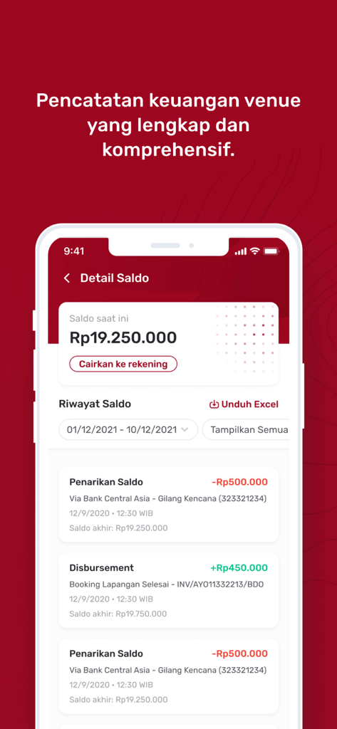 A mobile app screen showing financial transaction history and balance details for sports venue management.
