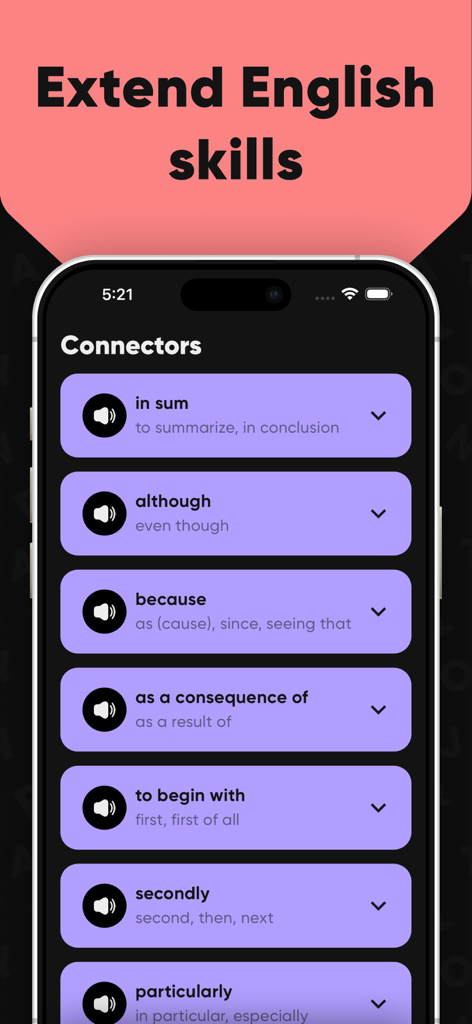 TOFEL Test Preparation - モバイルアプリの画面。TOEFLテスト対策のために、英語の接続詞のリストと同義語が表示されています。
