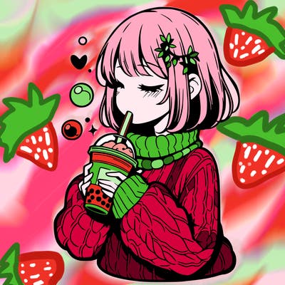 manga girl drinking boba in cozy sweater