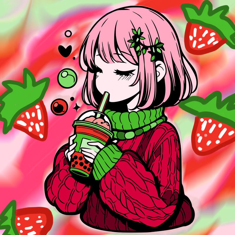 manga girl drinking boba in cozy sweater