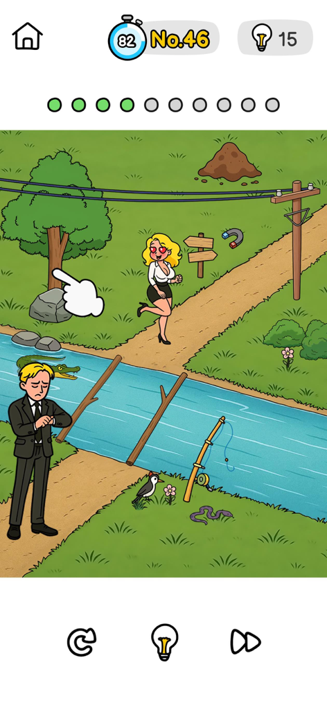 Brain Out 3 - ワニがいる川を渡って男性に向かって歩く女性が登場するBrain Out 3の脳トレレベル