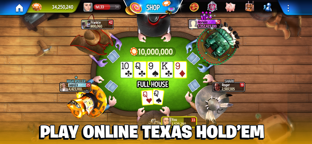 Jugabilidad de Texas Hold'em en línea en Governor of Poker 3 mostrando una mano de full house ganadora en una mesa de póker