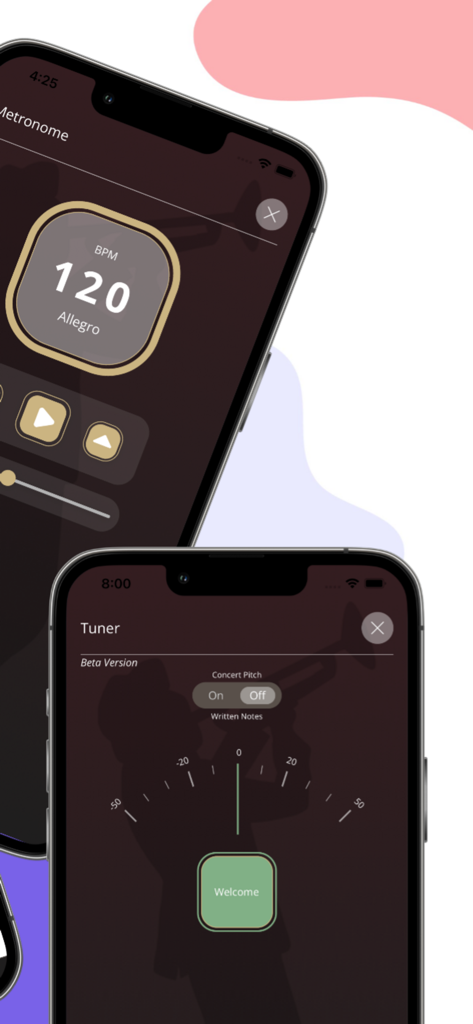 Trumpet app screens showing the metronome and chromatic tuner with concert pitch settings