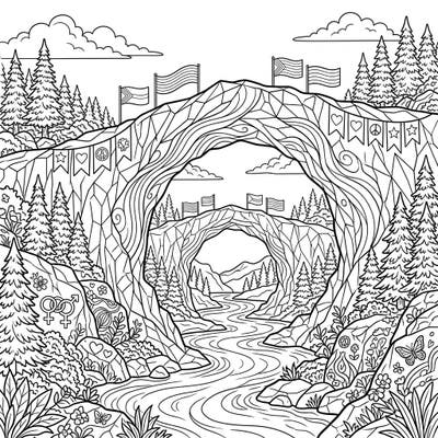 Journey through a breathtaking landscape where majestic ice bridges symbolize connection and unity. This unique coloring page blends the beauty of nature with vibrant Pride Month celebrations, inviting you to express love and diversity.
