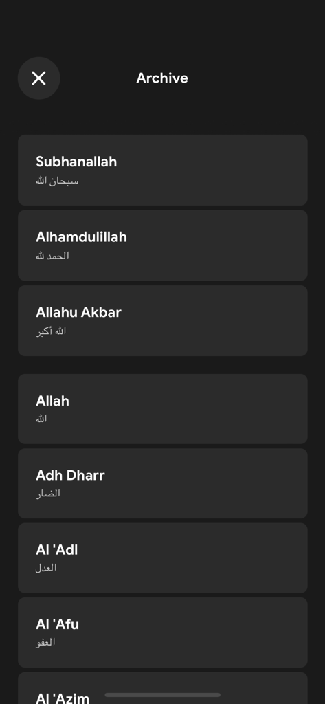 Archive list of dhikrs and prayers in the Tasbih Counter Pro app dark mode.