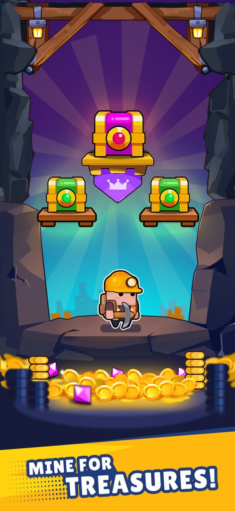 A miner character standing above a pile of gold and gems with treasure chests in the background from Pocket Land game.