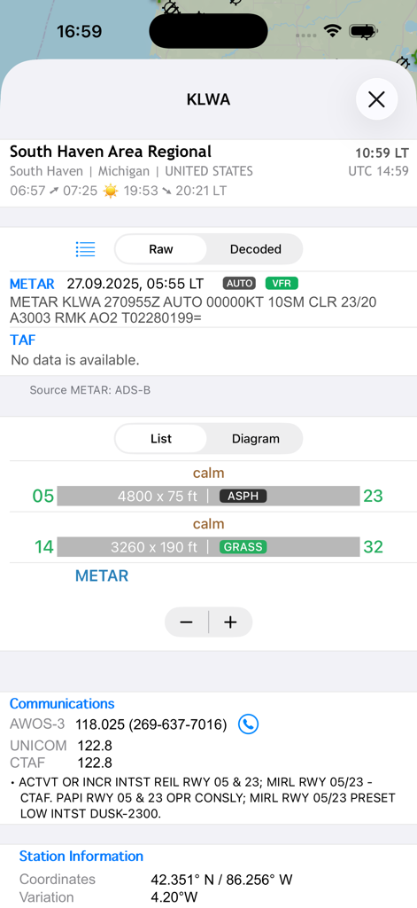 AeroADSB - AeroADSB airport information display showing METAR weather and runway details