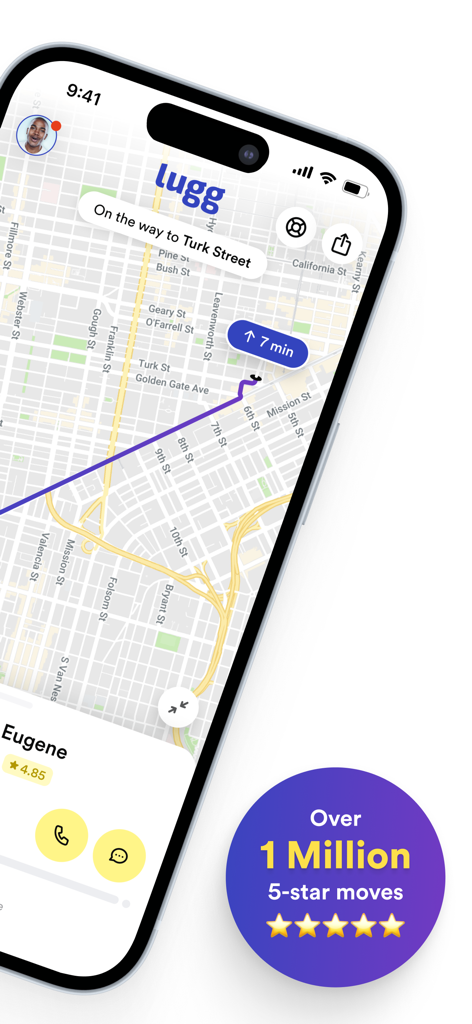 Lugg app showing a real-time map tracking a mover en route with estimated arrival time and professional profile.