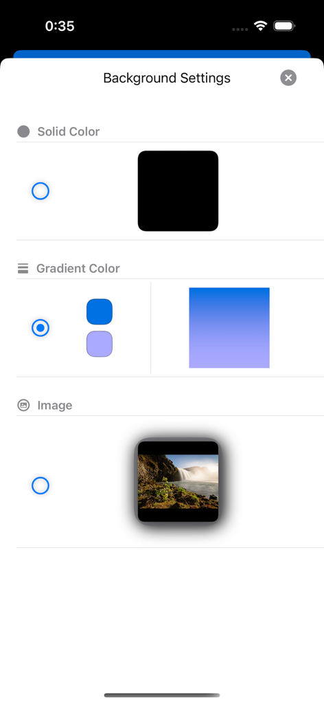 Image 3D Conversion  - Auteps - Background settings menu in the Auteps app showing options for solid color, gradient, and image backgrounds.