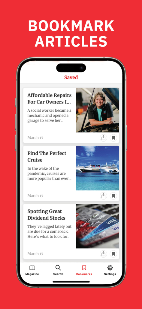 Kiplinger Personal Finance - Mobile screen showing saved articles in the Kiplinger Personal Finance app including topics on dividend stocks and lifestyle.